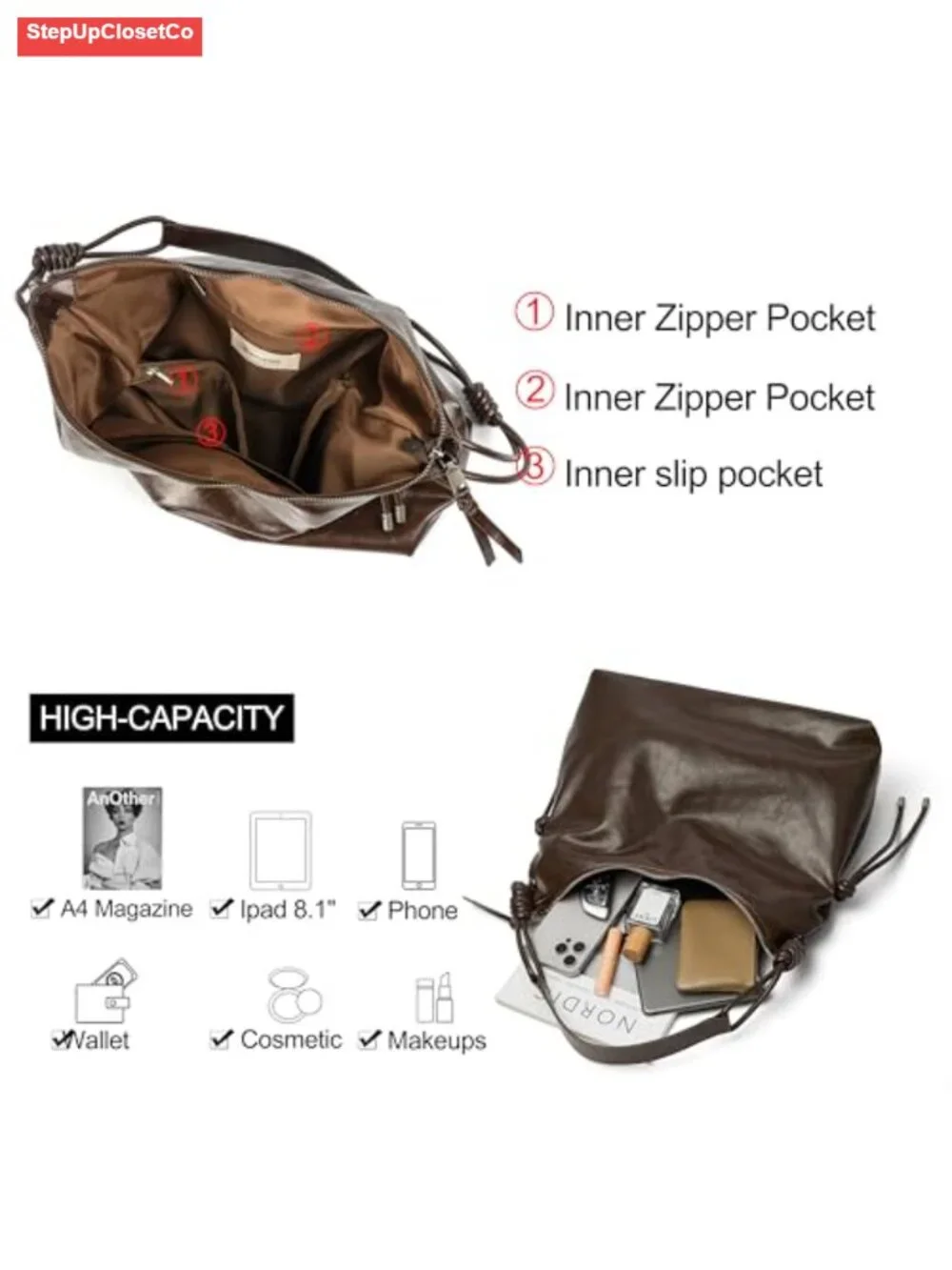 Large Travel Hobo Bag Women Shoulder Purse Faux Leather Knotted Adjustable Strap